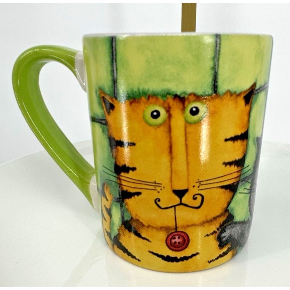 Cat Lover Mug Whimsical Cartoon Cats Green Tile Art Coffee Cup Cute Feline Desig
